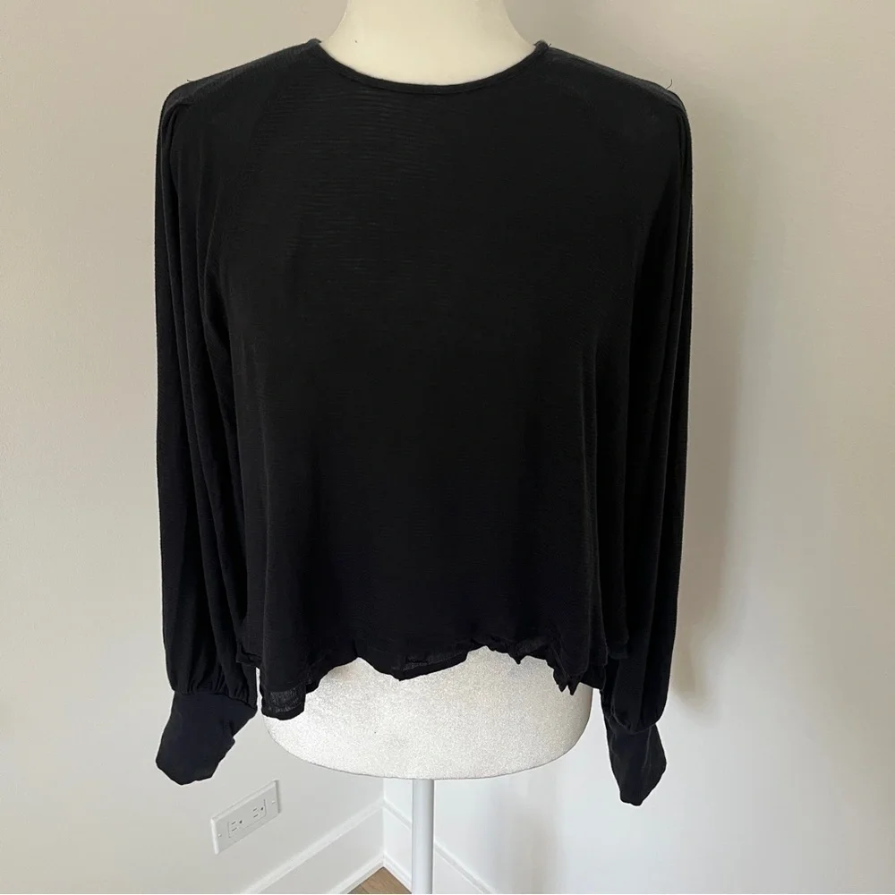 Free People Puff Sleeve Boho black blouse top oversized Sz M *C15